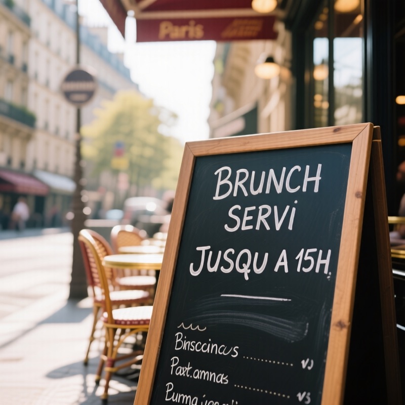 A hand-lettered chalkboard menu outside a Paris cafe, reading BRUNCH SERVI JUSQU A 15H, morning light, shallow depth of field