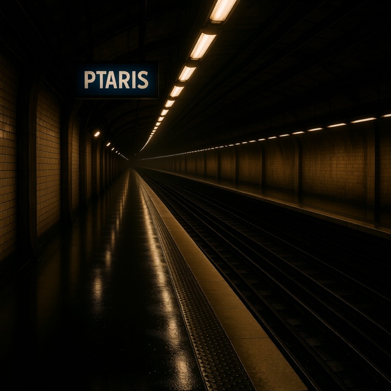 An empty Paris metro platform at dawn, wet tiles reflecting the light, long perspective down the tunnel