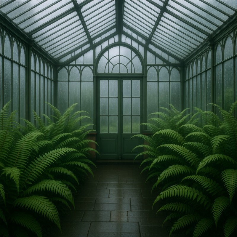 A Victorian greenhouse interior crowded with ferns, condensation on the glass, cold diffuse daylight